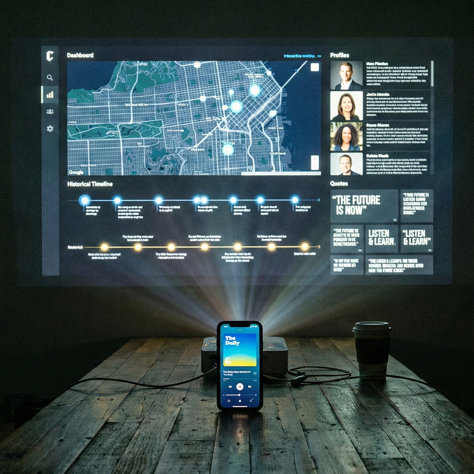 Interactive podcast dashboard showing map, timeline, profiles, and quotes